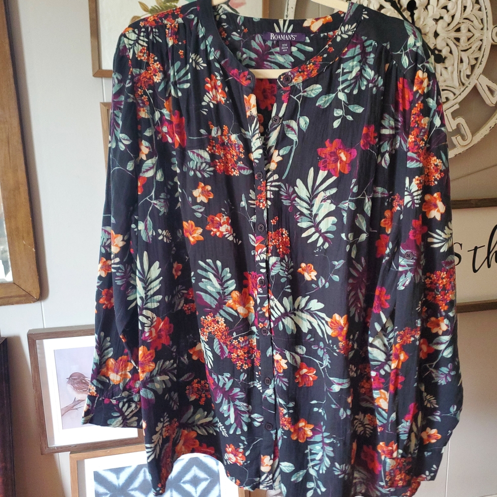 Roaman's Black and Red Floral Blouse